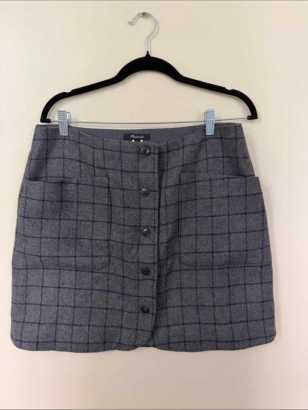 Madewell Grey Windowpane Button-Front Wool Skirt with Navy Accent